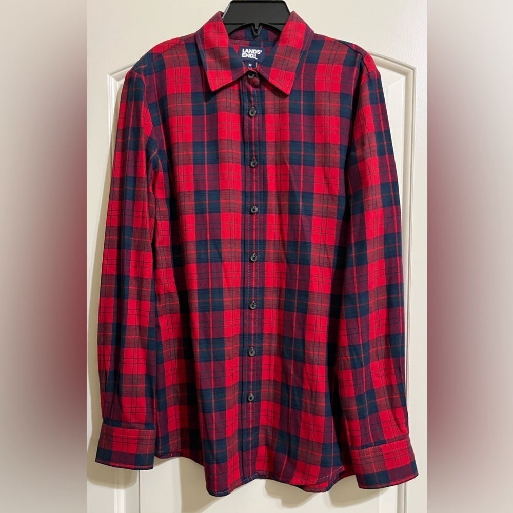 Lands' End Red Blue Green Plaid Women's Button Down Flannel Shirt Size Medium